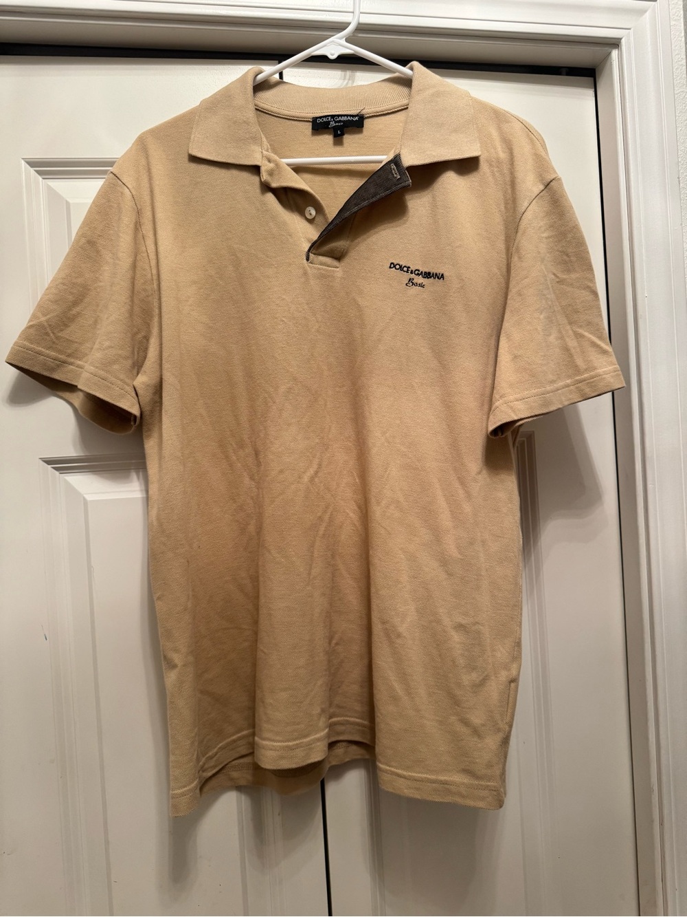 Vintage Dolce Gabbana Basic Tan Polo Shirt Embroidered Logo Large 100% Cotton